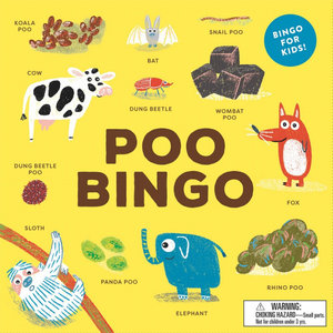 Illustrated animals and their poo, bright yellow box.