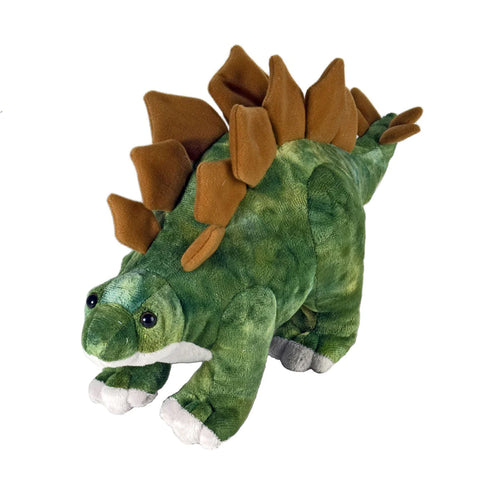 Plush green Stegosaurus with rust coloured plates.