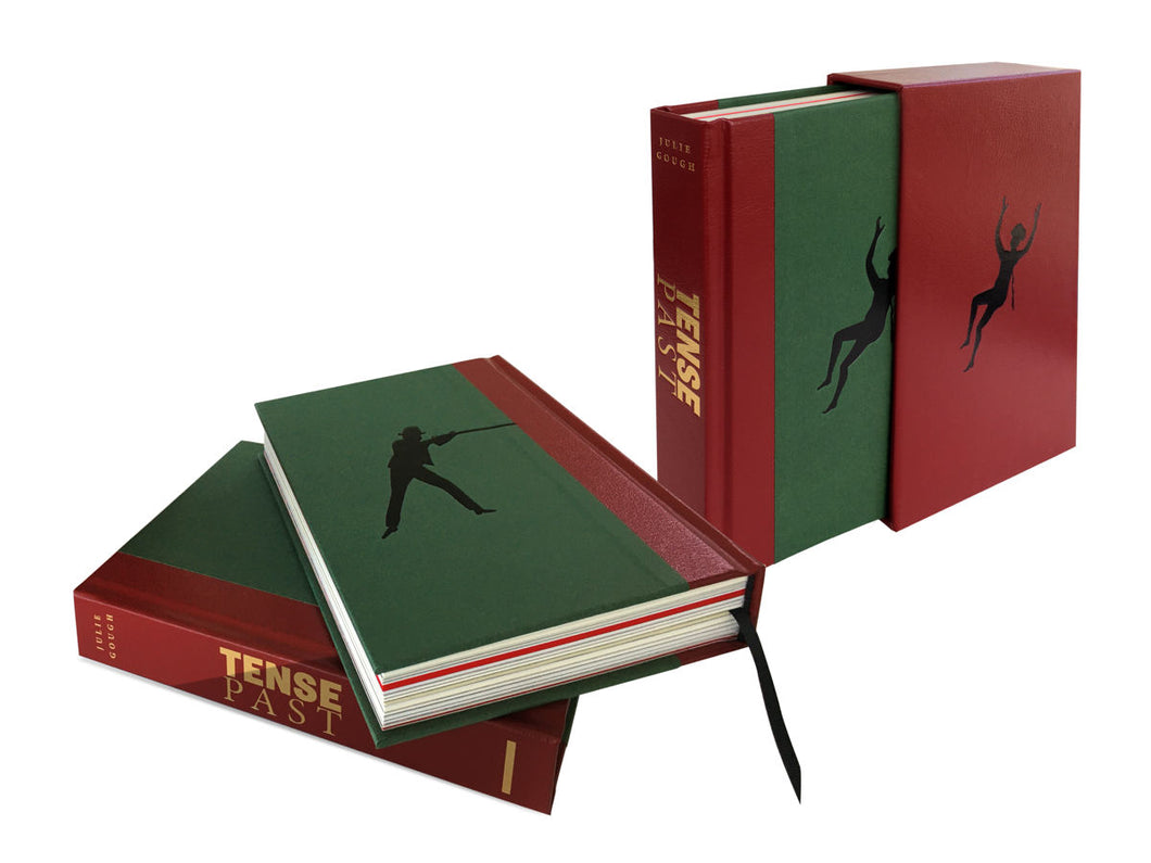 Green hard cover book with red spine, black image man with gun and Aboriginal person falling and bleeding
