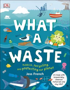 Bright coloured illustration of the ocean with rubbish and sea life floating.